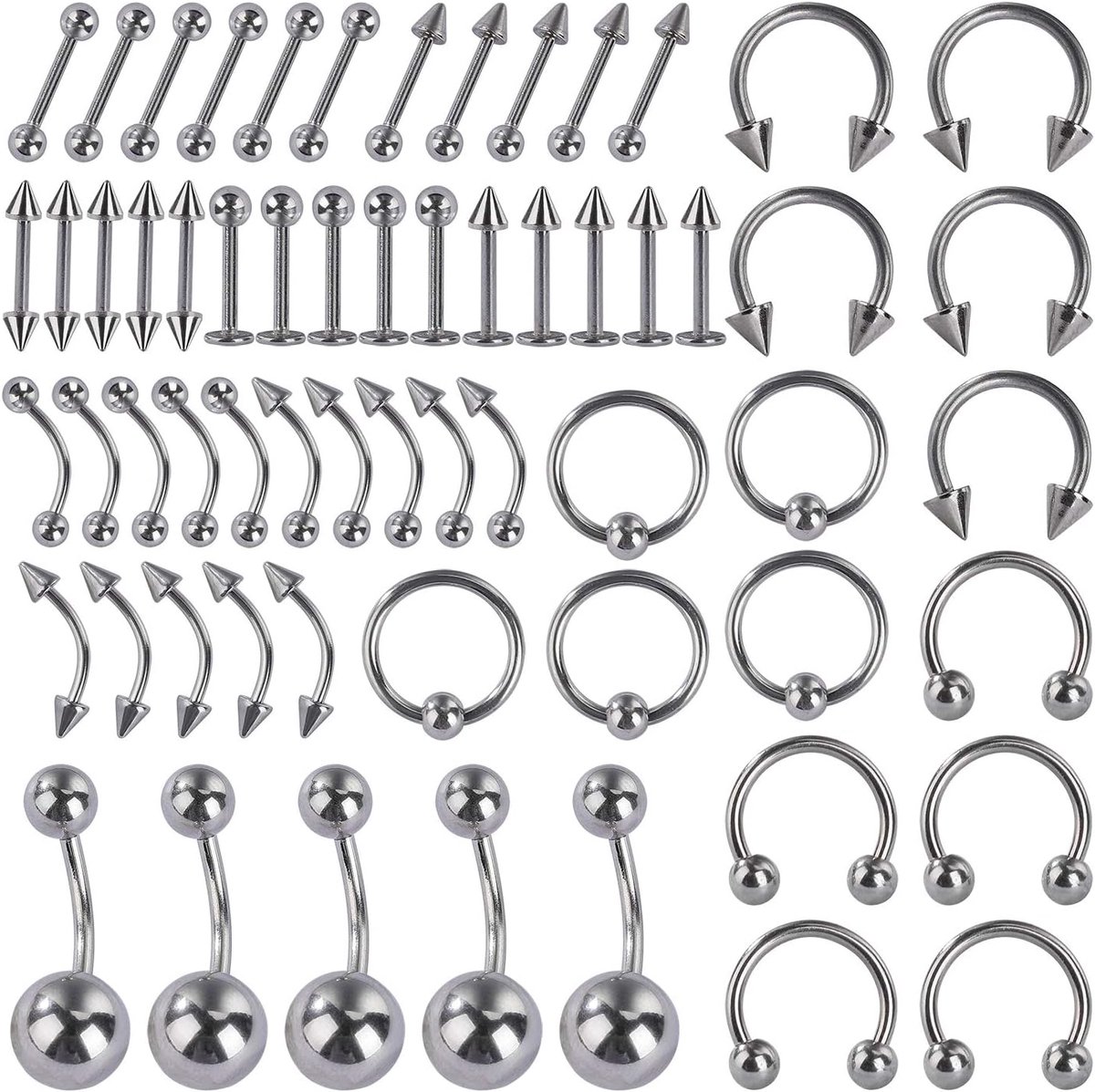 lip, tong, wenkbrauw, oren, barbell, lichaamspiercing, chirurgisch staal, 60 stuks, 12 stijlen, roestvrij staal, Roestvrij staal