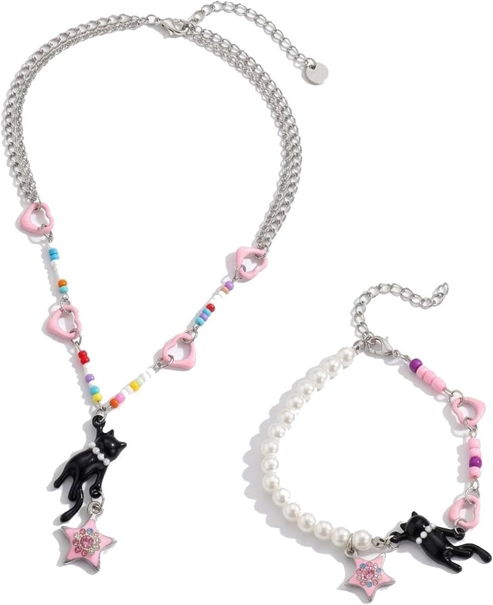 1 set, Y2K ketting met zwarte kattenhanger en sterarmband, hartvormige kattenhanger, als cadeau voor kattenliefhebbers, zakbedels, tashanger, esthetische accessoires, kattenliefhebber, schattig