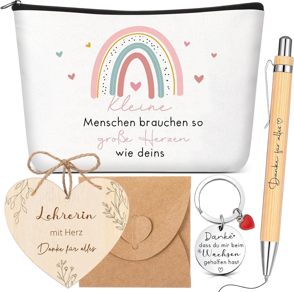 5 Afscheidsgeschenken voor leraren, make-uptas, sleutelhanger, houten pen, hartvormige label, envelop, beste cadeau voor leraren (regenboog)