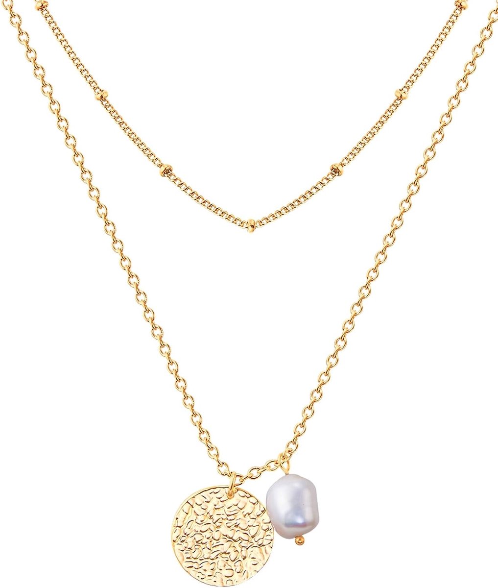 Pearls Dames rvs Collier geelgoud verguld in laagjeslook met barok zoetwater gekweekte Parel 8,1 mm - rvs Collier geelgoud dubbellaags