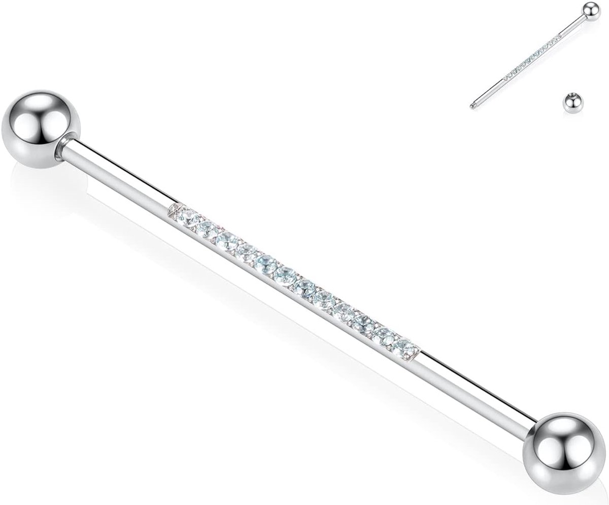 hengkaixuan Industrieel piercing-sieraad van chirurgisch staal, barbell, 38 mm lang, 14 gauge, kraakbeen-oorsieraad, helix-piercing, bezet met zirkonia, uniseks, Metaal
