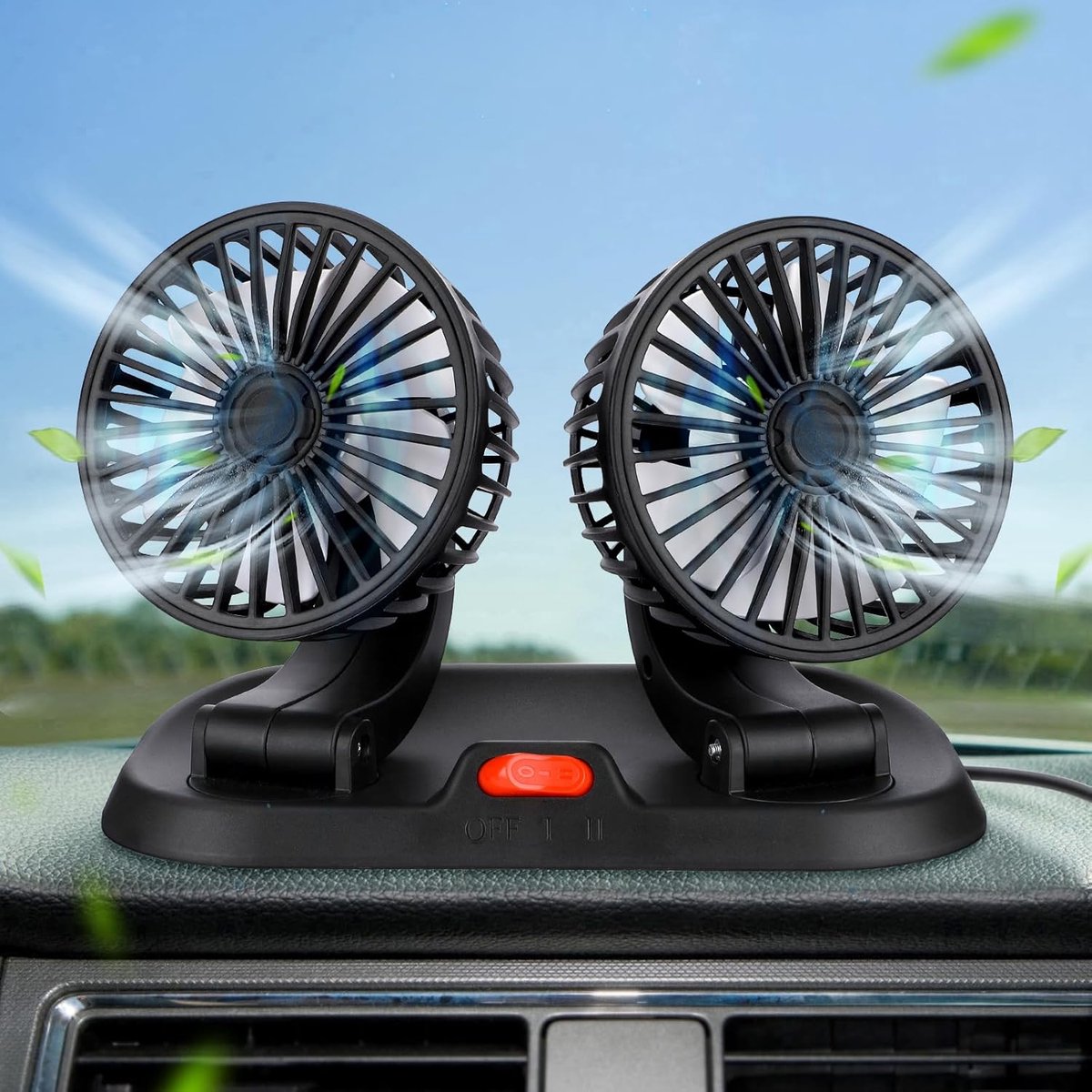 Hoofdventilator 5 V USB Voertuigventilator, bureauventilatoren, 360 graden rotatie koelventilatoren met 2 snelheden, draagbare autoventilator (zwart) 2)