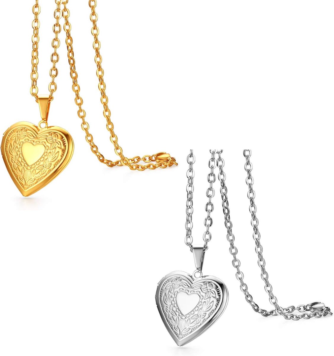 Ketting met hanger, roestvrij staal, fotomedaillon, openklapbaar, amulet, zilver/goud, retro, hart met bloemenpatroon, personaliseerbaar, Geen edelsteen
