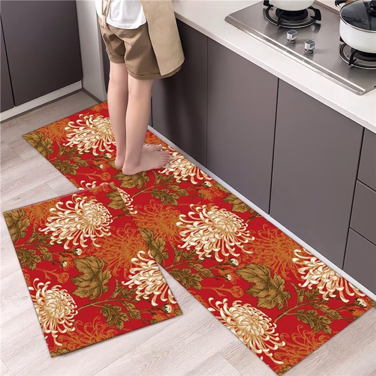 Tapijtsets antislip keukenmat kits rode pioenroos bloem vlekbestendig anti-vermoeidheid machine wasbare keukenlopers tapijten PVC vloermatten voor keuken thuis eetkamer 45 x 75 cm + 45 x