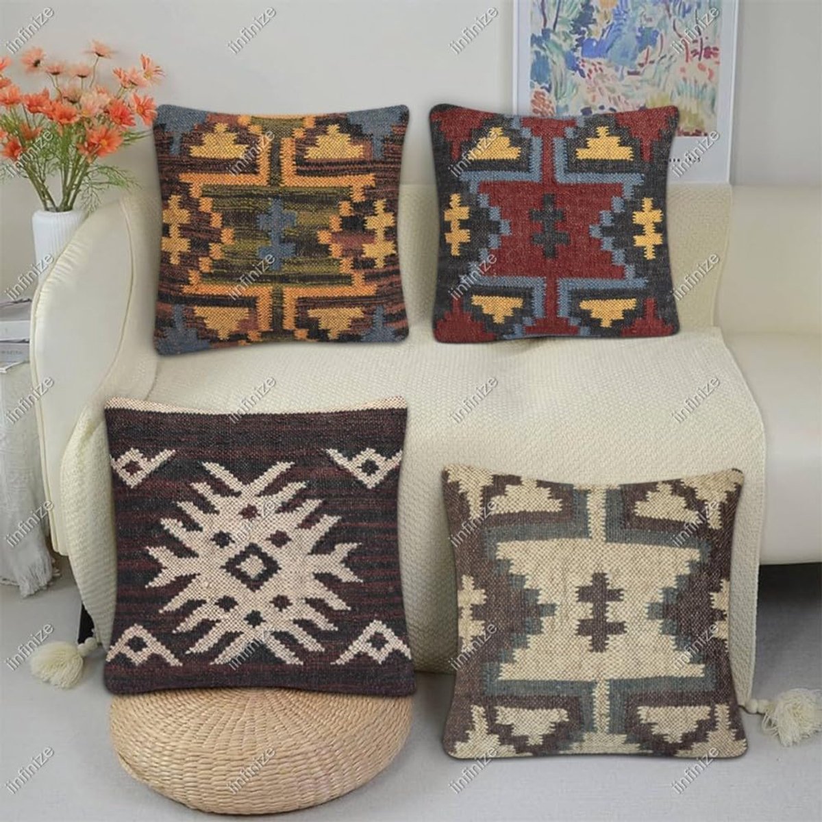 Kussenhoes 45 x 45 cm - Boheemse wol-jute - Handgemaakt kelim ontwerp - Perfect voor binnen en buiten - SnelShoppen