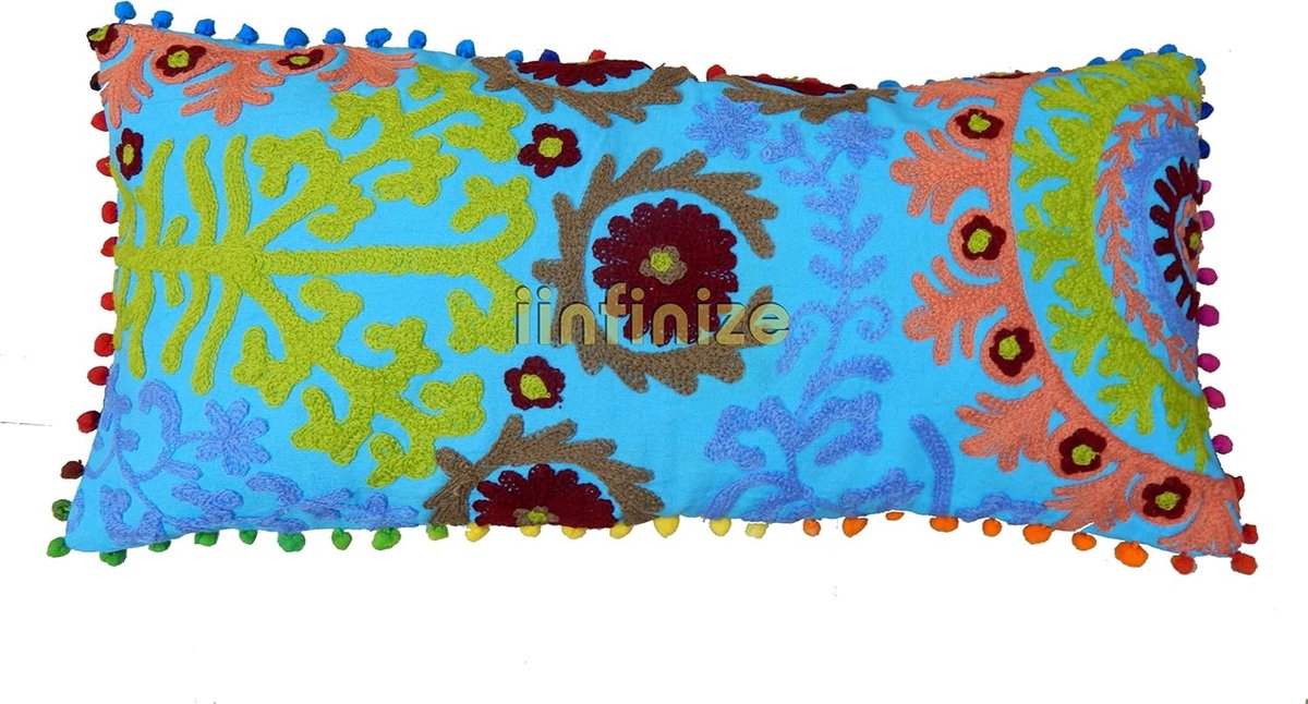 Decoratieve Kussenhoes 30x60 cm - Geborduurd Suzani - Pom Pom Design - Perfect voor Sofa - SnelShoppen