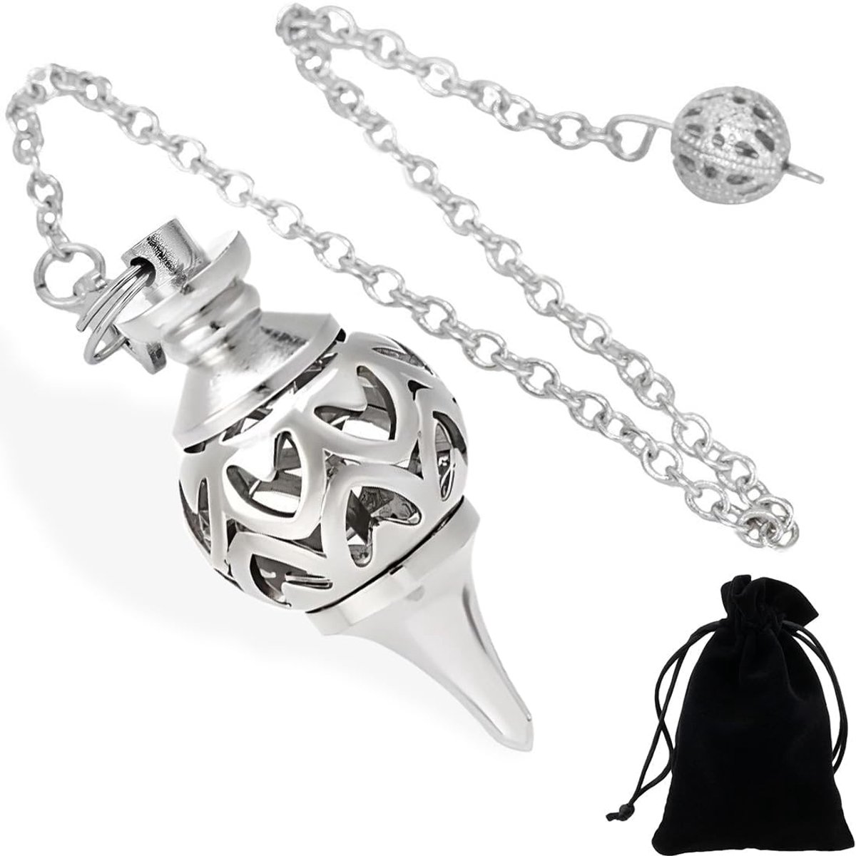 Vacuüm van messing voor meditatie slinger waarzeggerij radiaesthesie met hart van filigraan metalen hanger slinger kleine divinator esoterische energie (zilver
