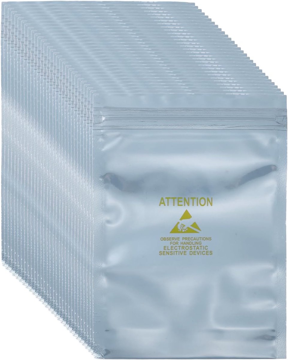 100 stuks anti-statische zakken, 3,9 inch x 5,9 inch, afgeschermd, hersluitbaar, met etiketten voor harde schijf, HDD, SSD, elektronische apparaten, moederborden, grijs/zilver