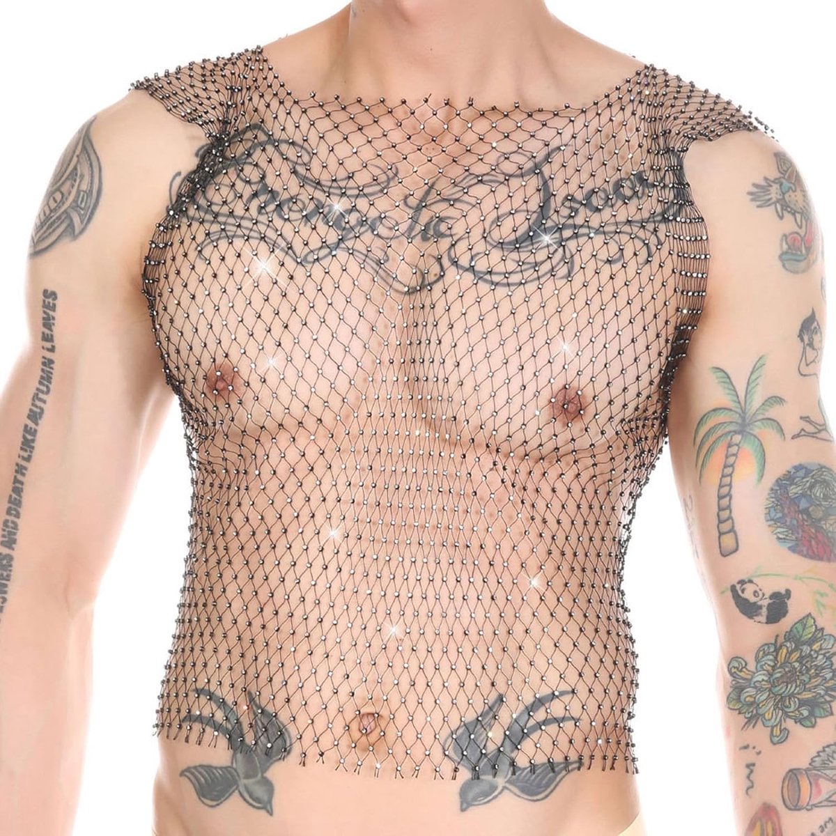 Top voor heren, visnet tanktop, sexy cropped shirt, rave, doorzichtig vest