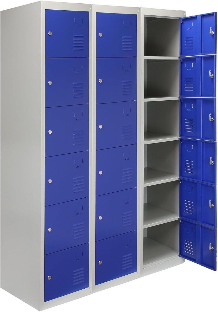 Lockerkast 3 x 6 deuren - Staal blauw - Met naamkaartjes en sleutels - Ideaal voor scholen en werkplekken - SnelShoppen