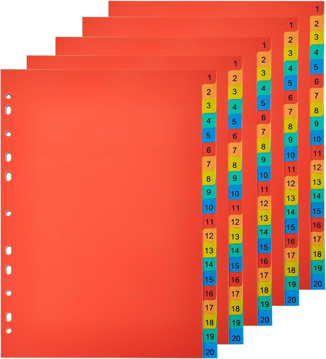 Dividers A4 1-20 (5 Pack) Meerkleurige kunststof bindmiddelverdelers A4 20-delig
