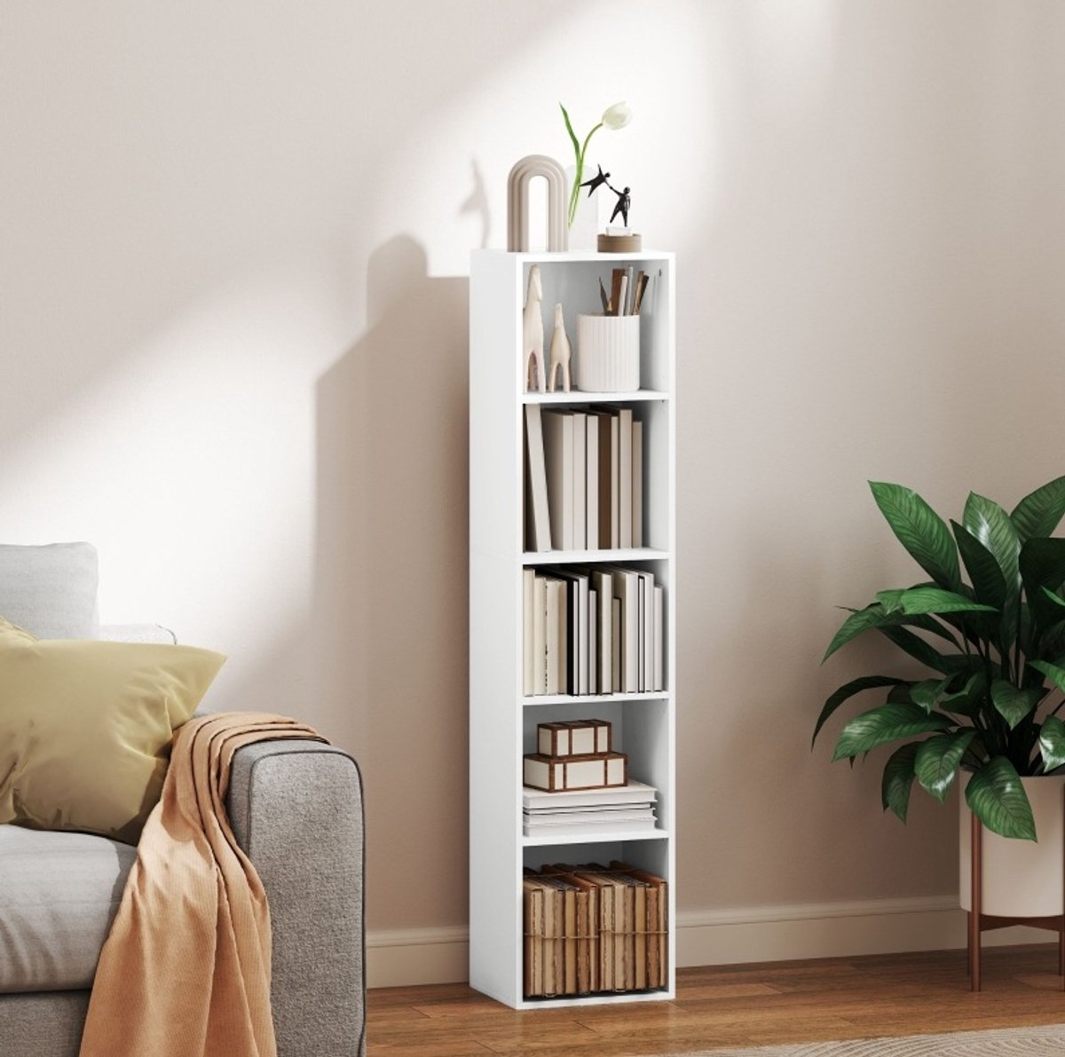 Boekenkast Verstelbare Planken – 5 Open Vakken – 30 x 24 x 133,5 cm – Spaanplaat – Wit – Woonkamer En Studeerkamer