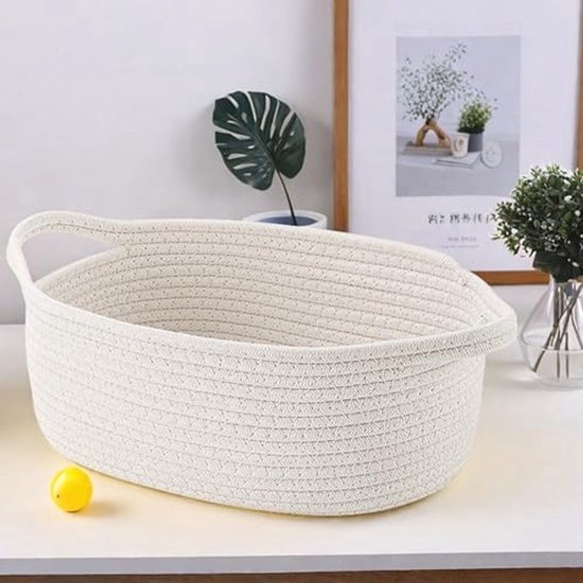 Opbergmand, Lege Cadeaumand Gemaakt van Katoenen Touw met Handvatten Gevlochten voor Babyshower, Verjaardag, Bruiloft, Thanksgiving, Kerstmis, met Transparante Cadeauzakken en Strikken, Wit