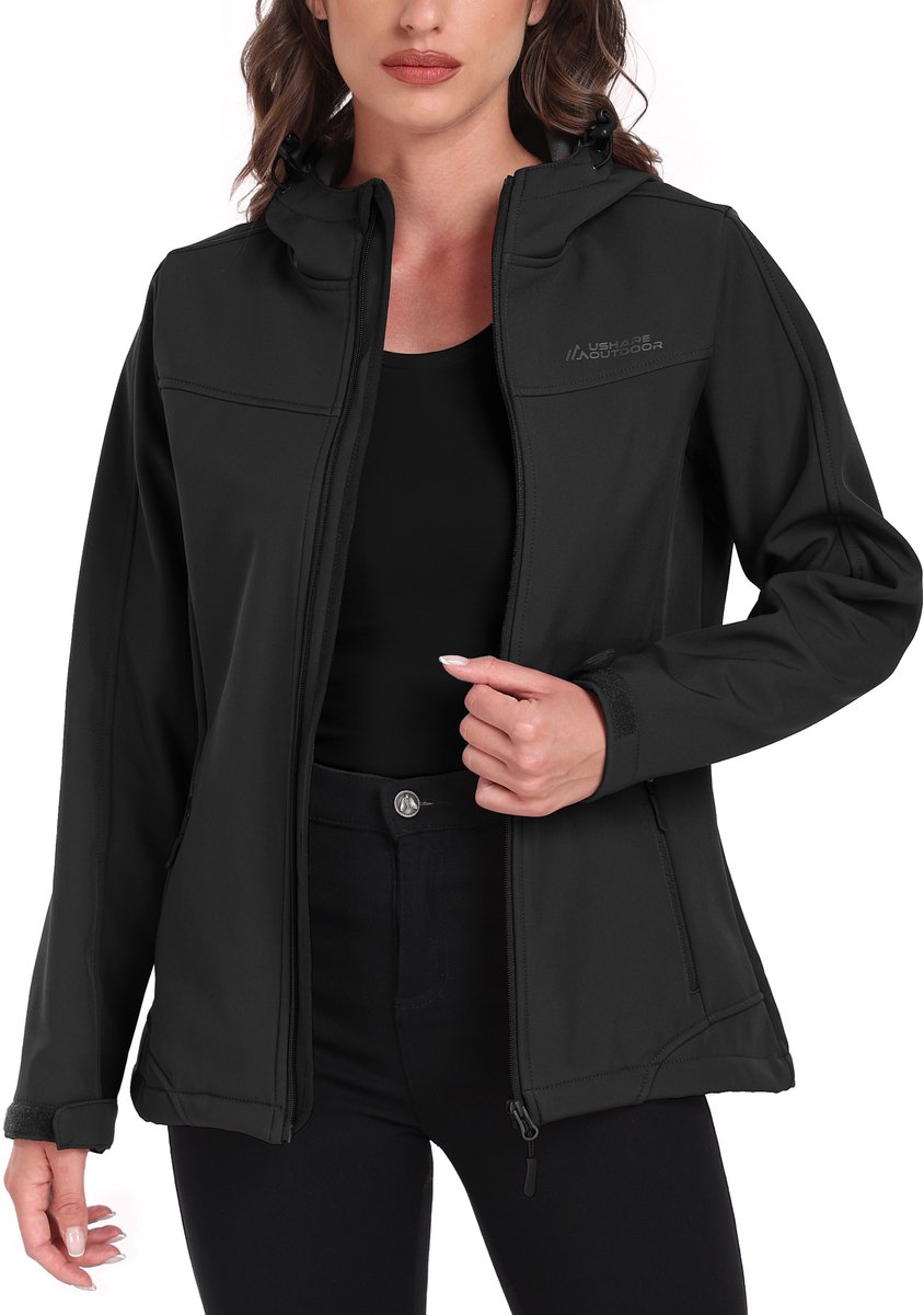 ATLASLAVA Softshelljack voor dames - waterdichte overgangsjas - ademende regenjas - winddichte jas - gevoerd met capuchon - voor outdoor wandelen - XL - Zwart