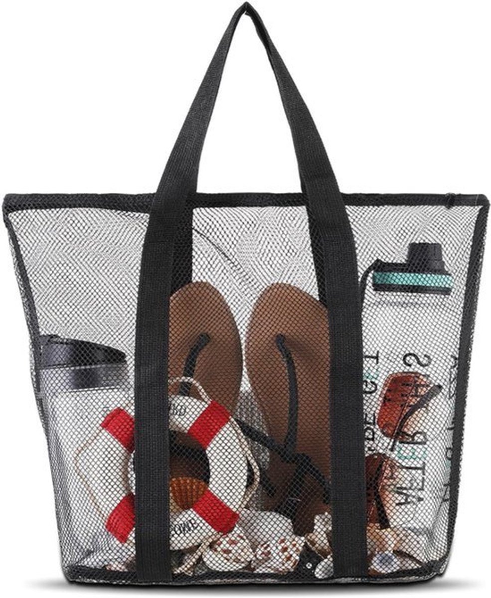 Grote mesh strandtas met ritssluiting en waterdichte voering - zwart 47 x 45 x 36,5 cm