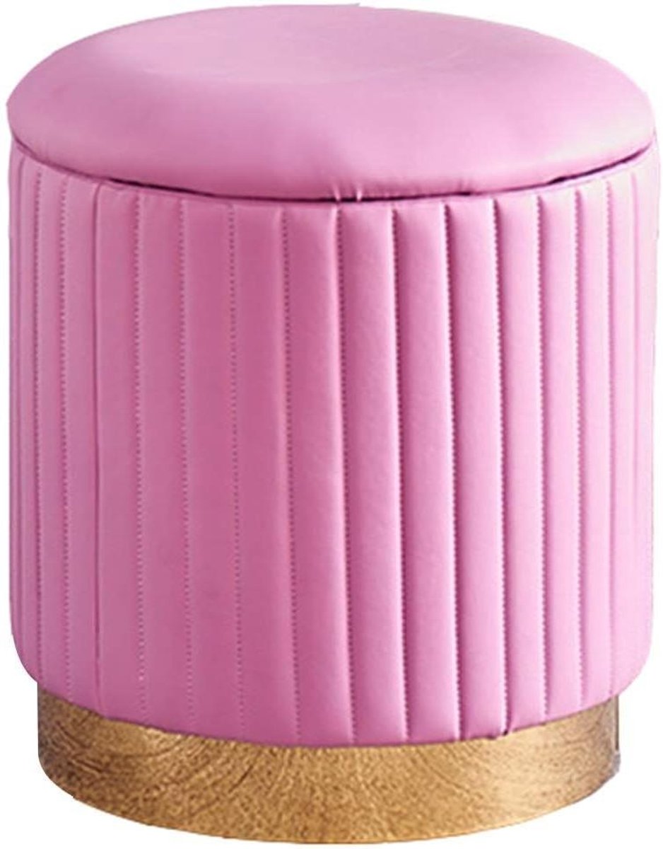 Fluwelen Poef - Opbergkruk Gevoerde Kruk - Kamer Opruimen - Met Deksel - 40x43cm - Roze Strepen