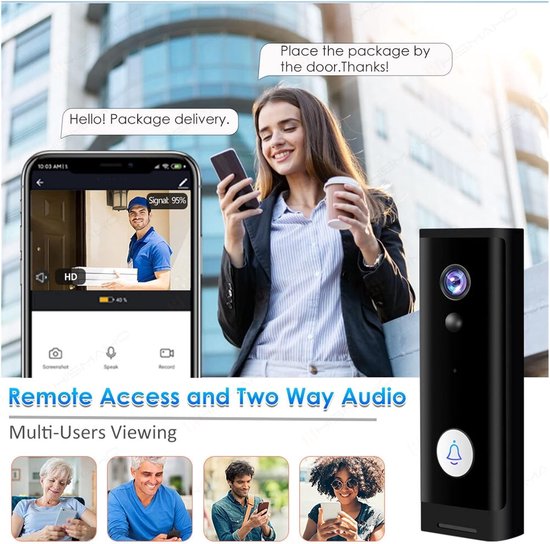 Deurbel Camera - Slimme Draadloze - Huis Beveiligen - Nachtzicht PIR Alarm - 1080P HD - Zwart — afbeelding 3