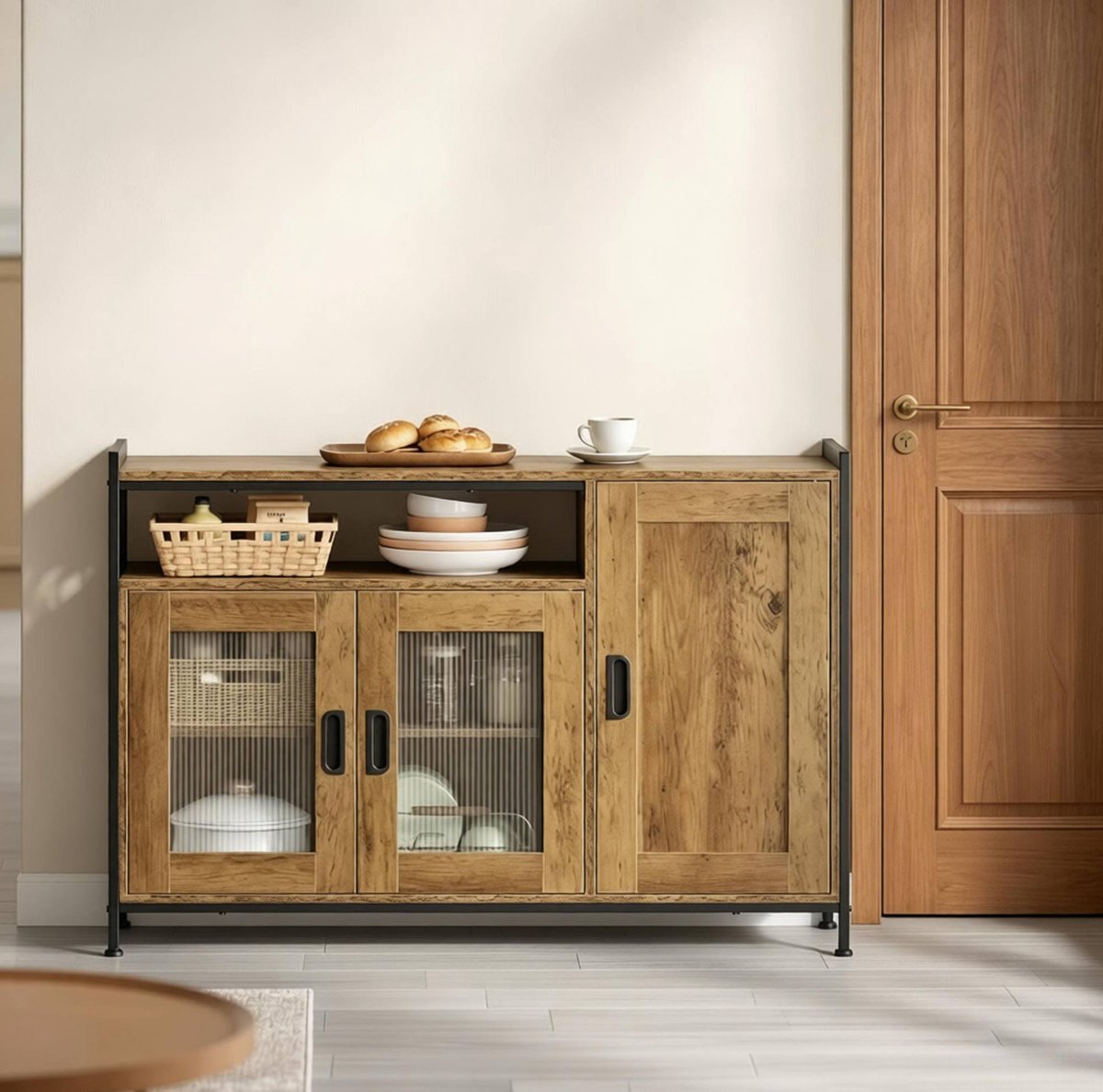 MODENUIT Keukenkast - Open Vak En 2 Deuren - Voor Keuken En Woonkamer - Hout Metaal - Bruin - 110x33x75 Cm