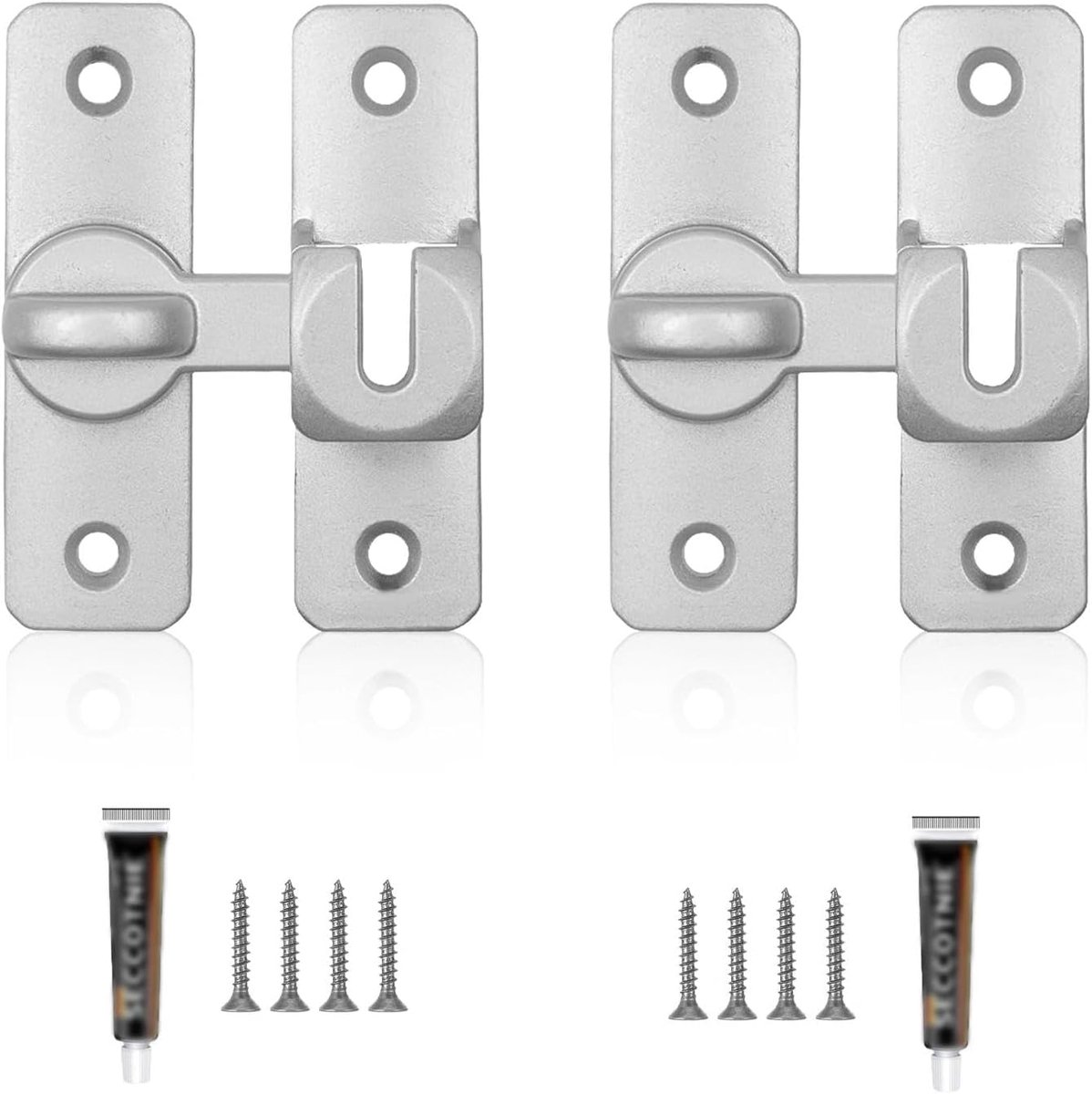 SnelShoppen - 2 Pairs Schuifdeur Slot, 90/180 Graden, Zelfklevend Schuifdeur Slot Zilver, Slot voor Schuifdeur met Schroeven en Naaldvrije Lijm, voor