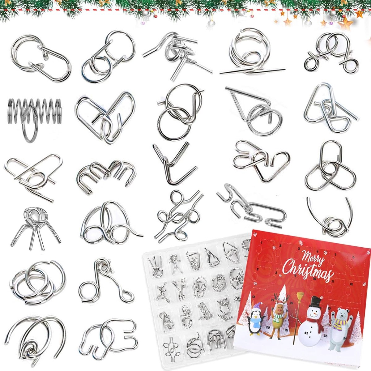 Adventskalender 2025 - 24-delige puzzel - metalen kerstspelletjes - uitdagende countdown voor kinderen en volwassenen - ShopVlot