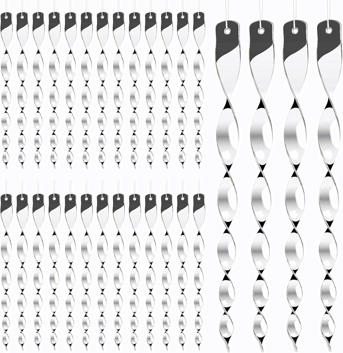 30 stuks vogelafstotende reflectoren schrikken staven, hangende zilveren plastic staaf reflecterende vogel afschrikmiddel apparaat, glanzende afwerking tuin decoratieve schrik vogels weg, zoals