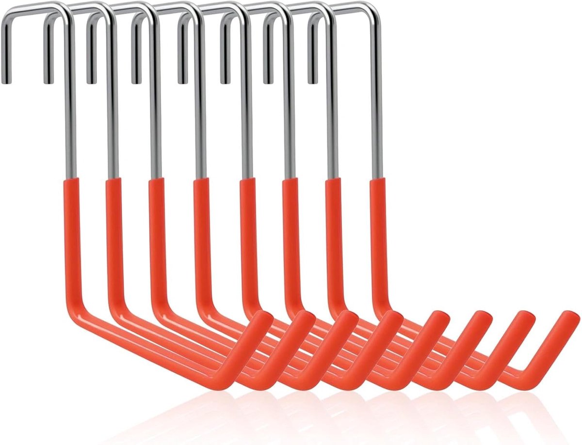 8 stuks fietsophangingen voor plafondbalken, garagehaken, robuuste fietshaken, grote S-vormige haken, garage, voor het ophangen van fietsen, bloempotten, tuingereedschap, zilver en oranje