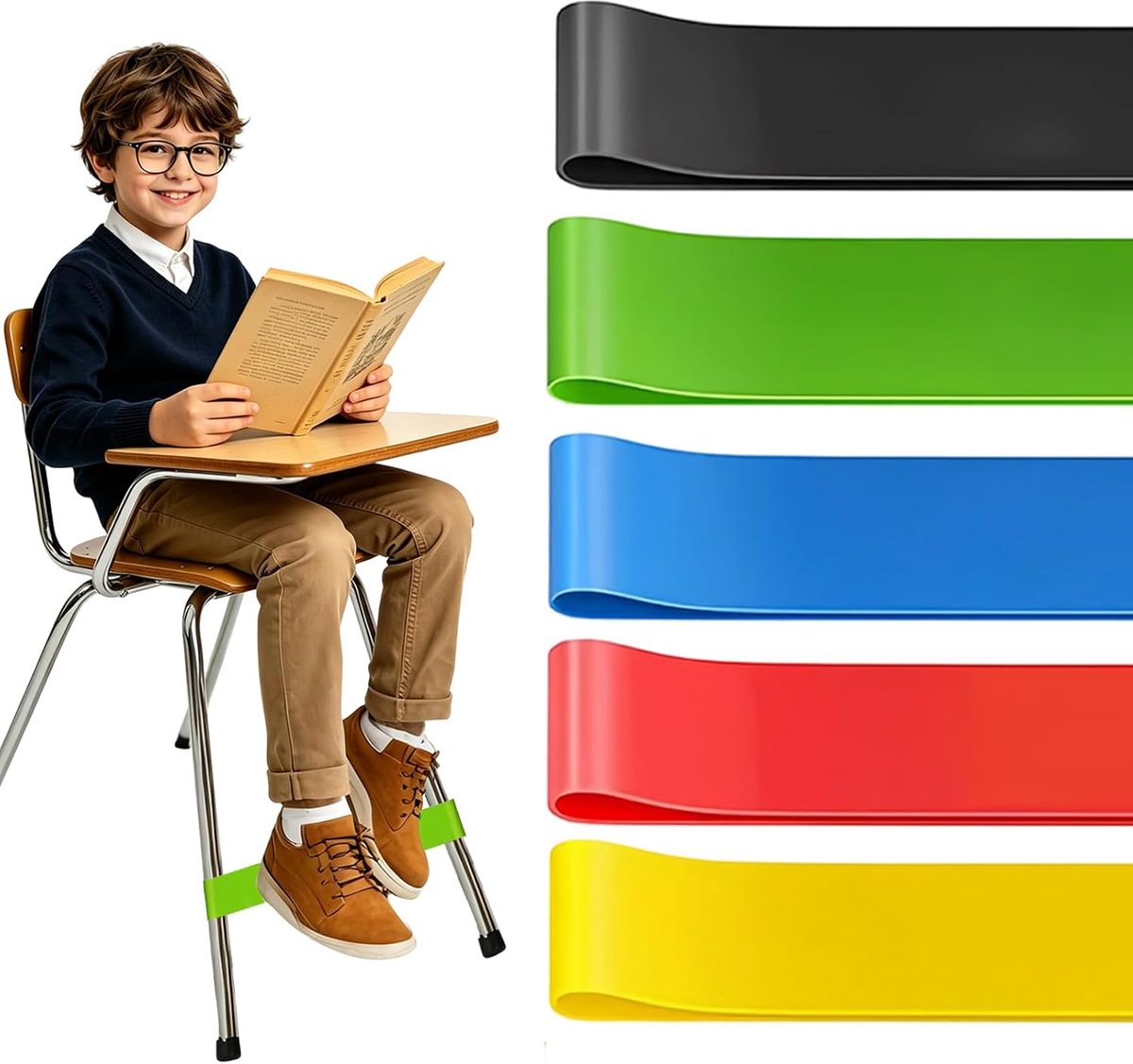 5 stuks elastische stoelbanden voor kinderen, meerkleurige stoelbanden, sensorische elastische riemen voor onrustige voeten, elastische anti-stress-banden, helpt bij de concentratie op school en thuis