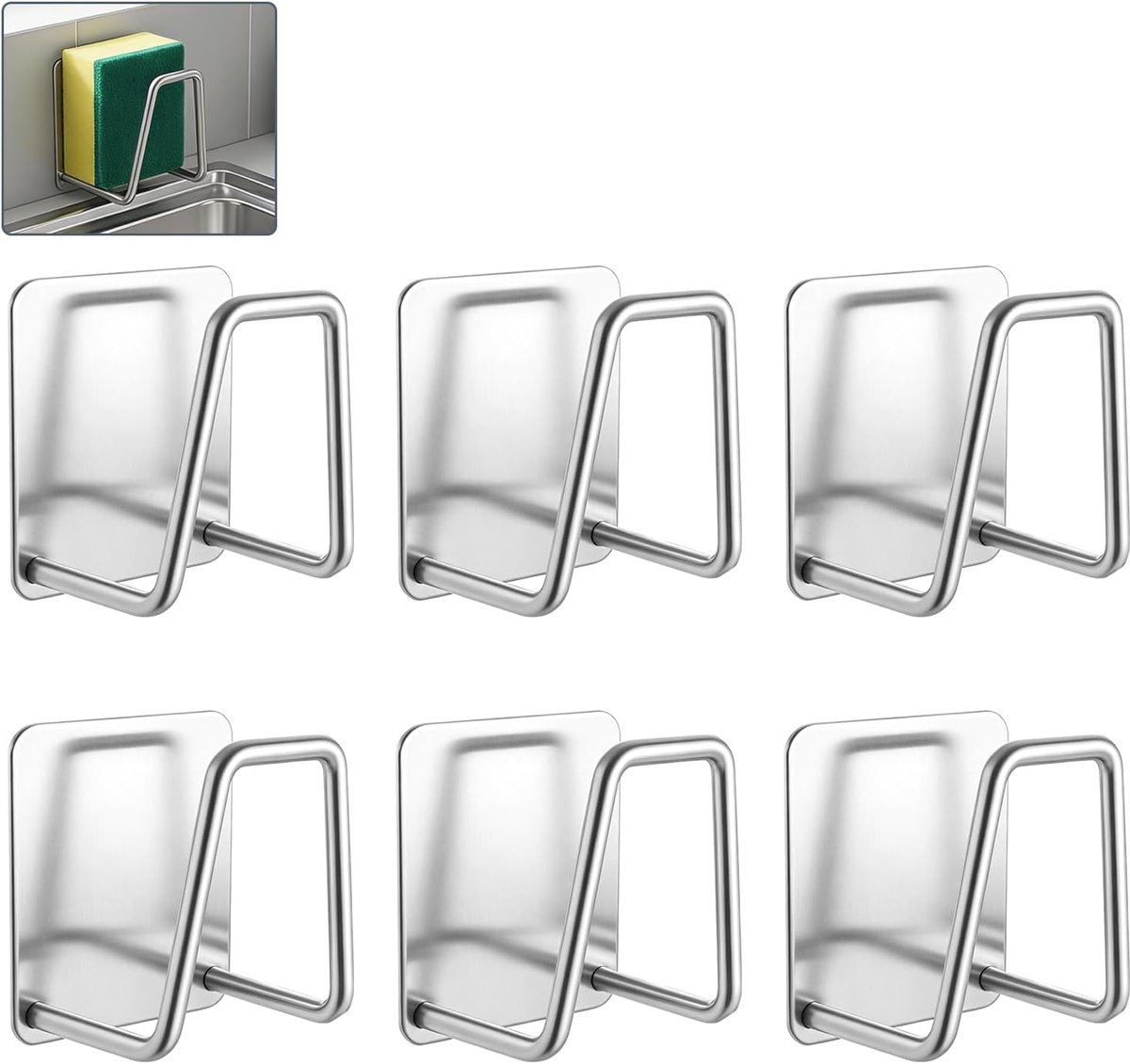 6 stuks sponshouders voor gootsteen, keuken, van roestvrij staal 304, zelfklevend, sponshouder en sponshouder, gootsteen, keuken, praktisch voor sponzen en borstels, sponshouder, gootsteen