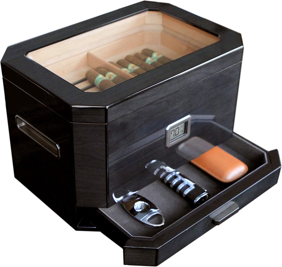 Grote Humidor van zwarte ceder Octodor met digitale hygrometer, bevochtigingssysteem en accessoirelade – kan bevatten (50-100 sigaren)