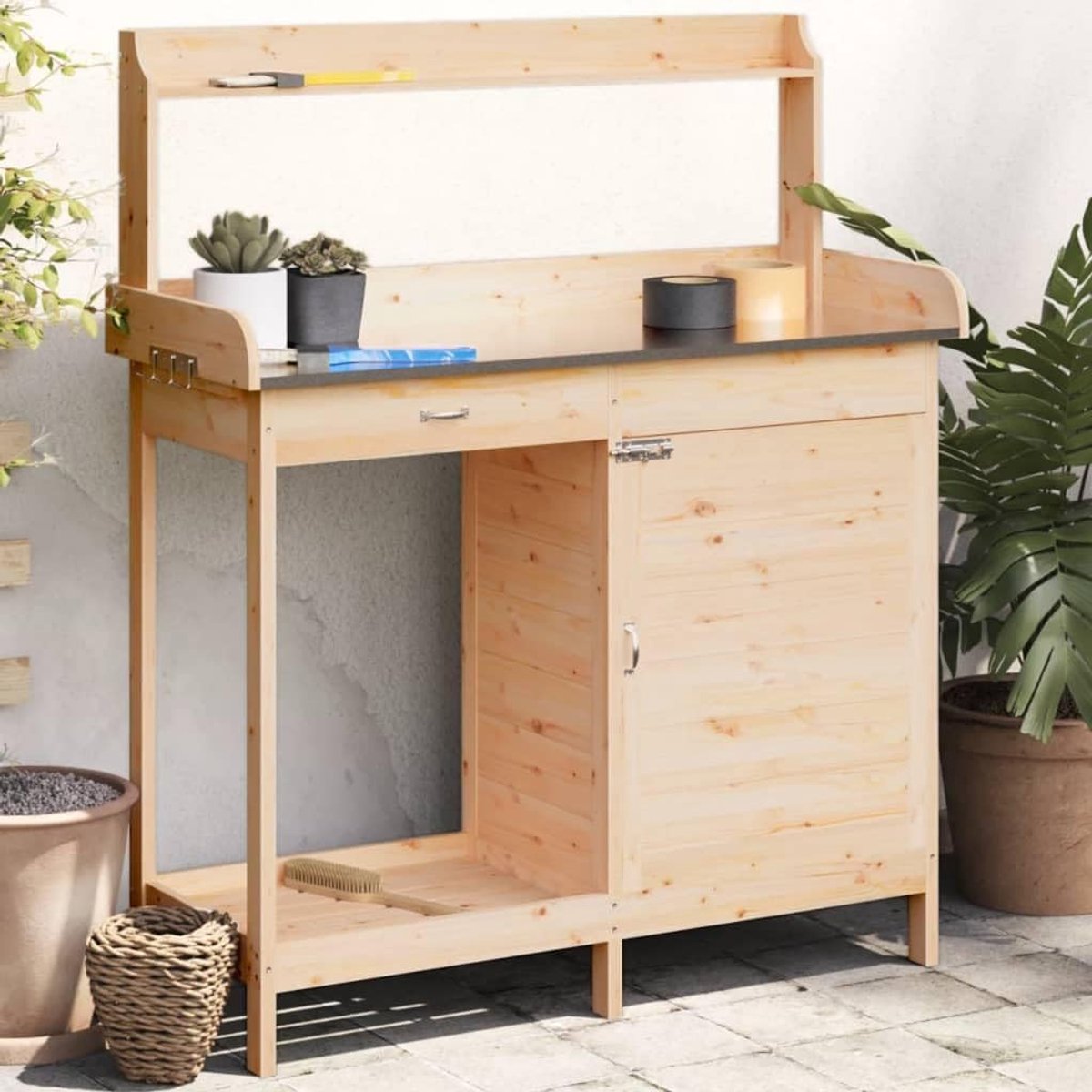 Plantentafel van massief dennenhout met kast | Werkblad van zink, lattenrek, lade, metalen haken, voor tuin en terras