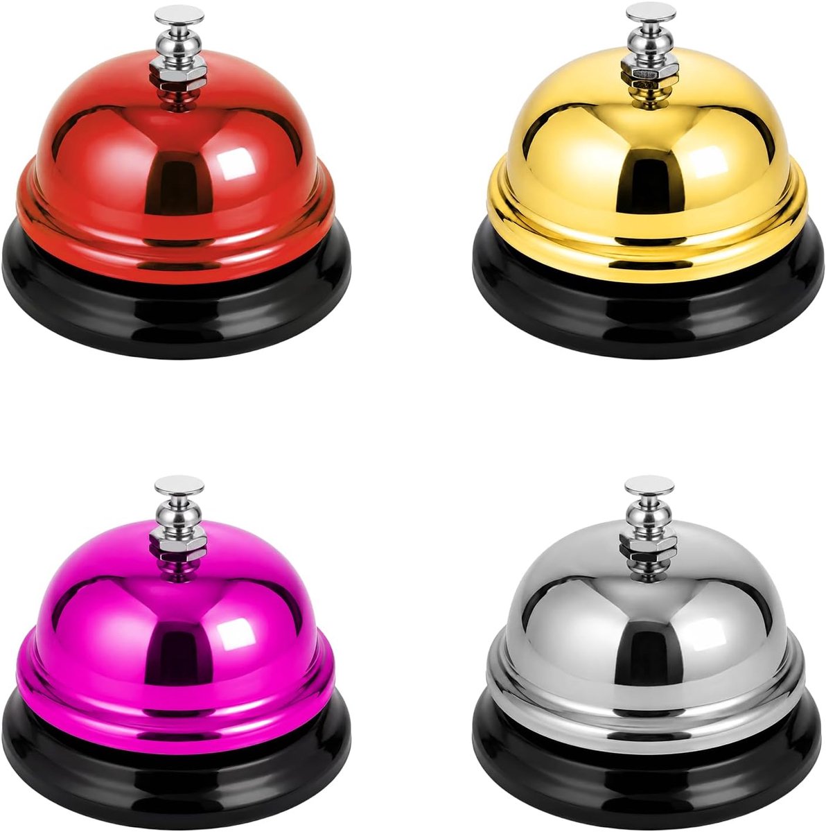 Tafelbel, receptiebel, set van 4, klein, 65 mm, goud, zilver, rood, rozerood, dinerbel, metaal, serviceblok voor restaurant, hotel, kantoor