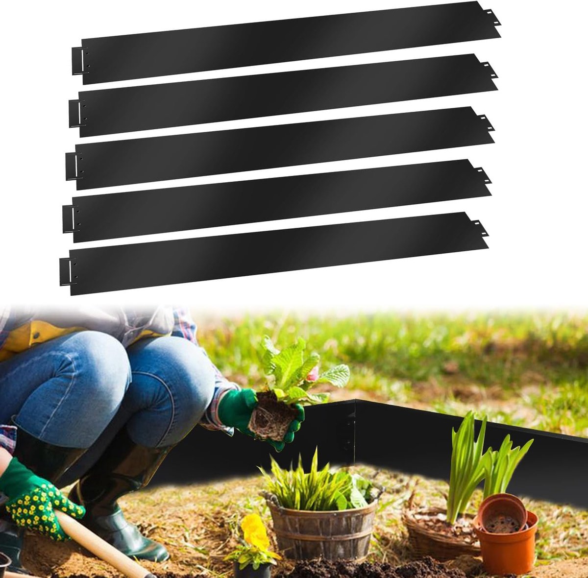 Metaal 50m, bloembedrand zwart splitsing, gazon begrenzing 50 stuks 100 cm x 15 cm (L x H), maairand matte textuur