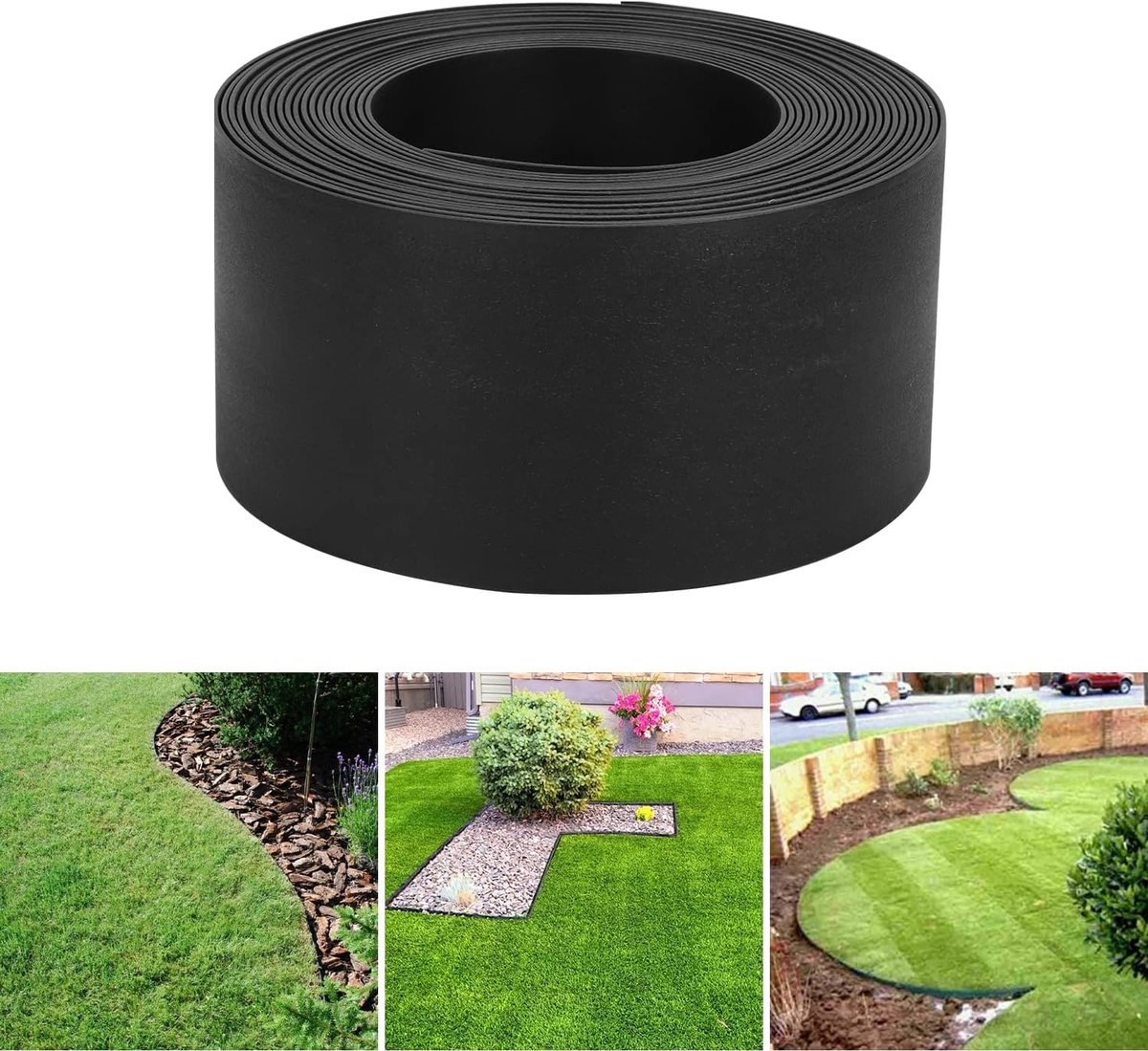 Gazonrand, gemakkelijk te verwerken, gazonrandband van stevig plastic, uv- en weerbestendig, maairand voor bloembedden, gazonomranding, onzichtbaar, 10 m x 12.5 cm (l x h), zwart