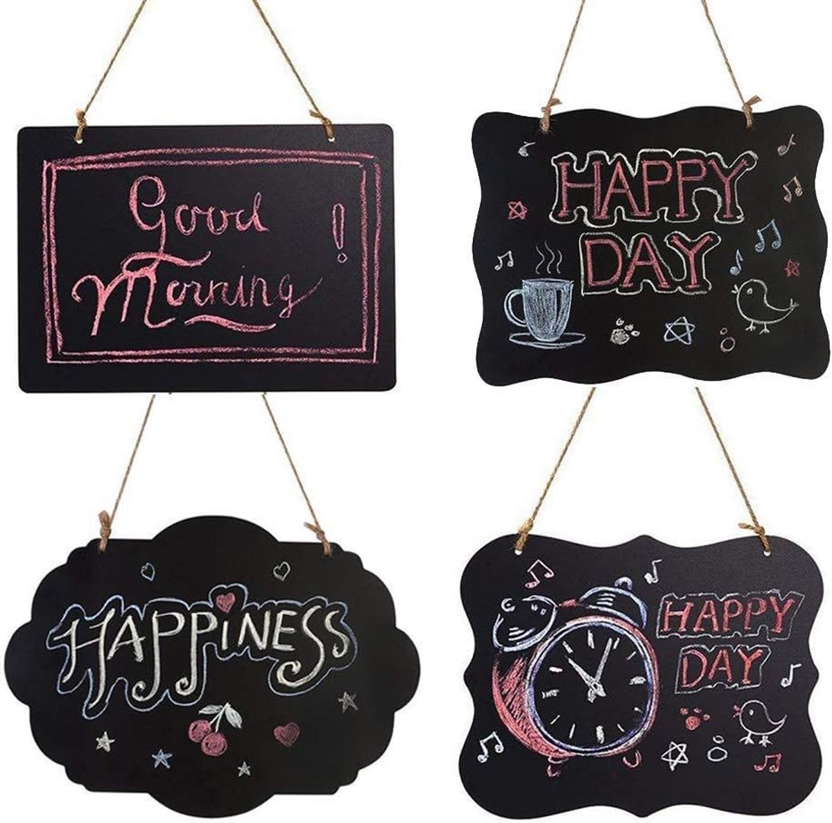 4 stuks schoolbordbord, houten dubbelzijdig hangend krijtbord, mini-berichtenbord met hangende touwtjes voor bruiloft, verjaardag, bar, buffetfeest