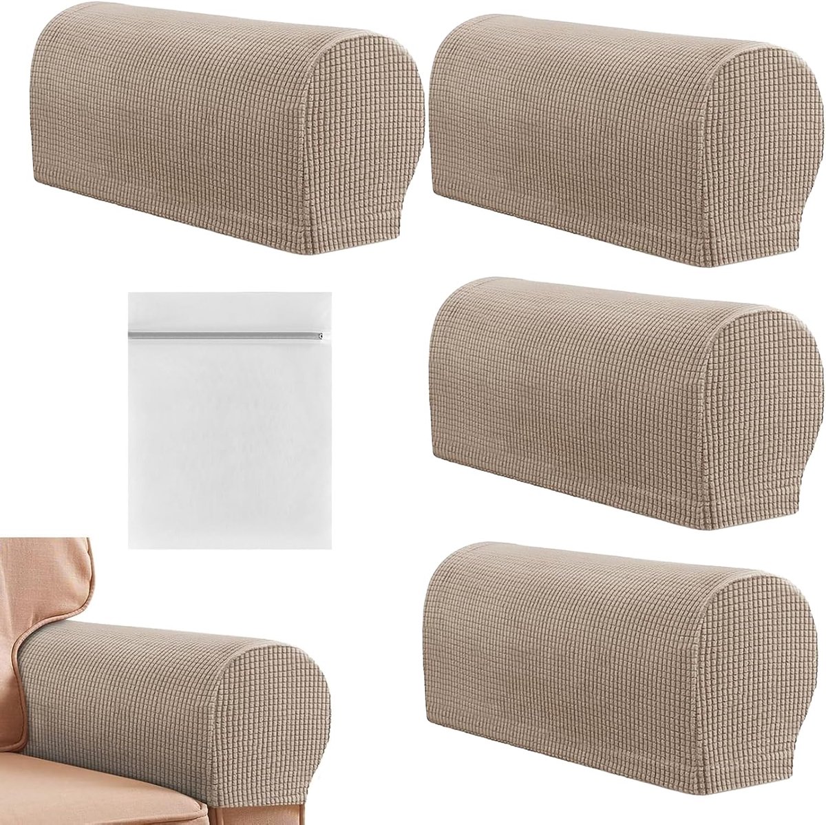 SnelShoppen - 4 Stuks Armleuning Stoelhoezen met Waszak, Rekbare Sofa Armleuningen, Antislip Armstoelhoezen voor Armstoelen Meubels Bescherming Armsto