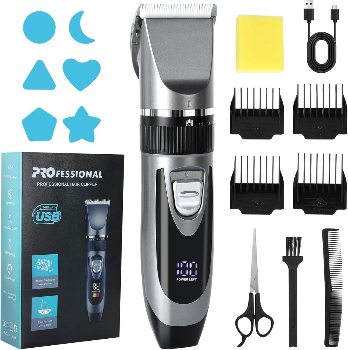 Baardtrimmer voor mannen - USB-oplaadbaar met LED-display - 120 minuten gebruiksduur - Inclusief 4 opzetkammen - ShopVlot