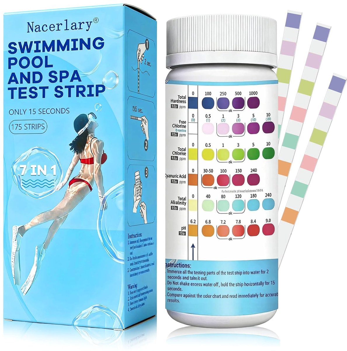 SnelShoppen - 7-in-1 Teststrips voor Zwembad en Spa, 175 Snelle Tests, Meet pH, Alkaliteit, Hardheid, Cyanurinezuur, Totaal Chloor & Bromine
