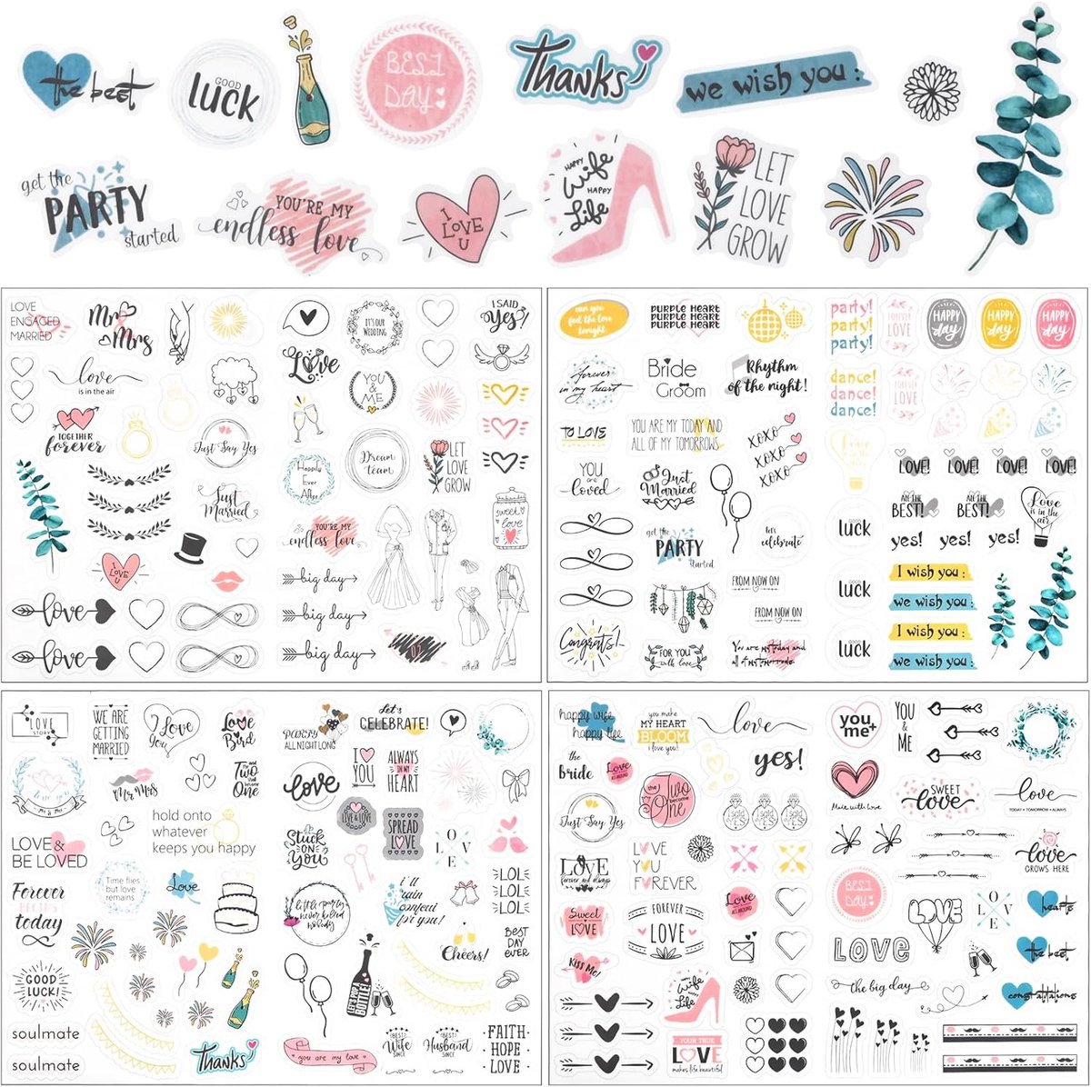 Huwelijksstickers 4 Vel - Zelfklevend PVC - 230 Stuk - Perfect voor gastenboek - ShopVlot