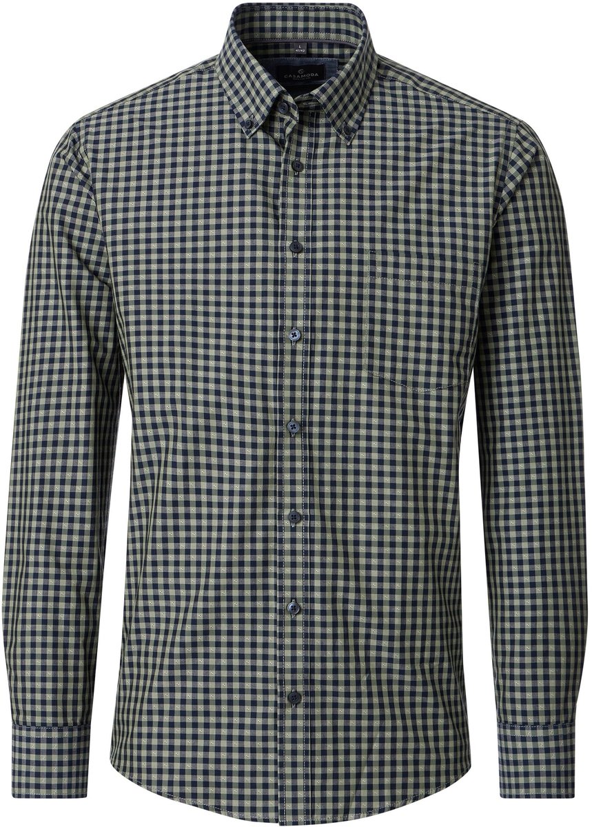 CASA MODA Sport casual fit overhemd - dobby - blauw met olijfgroen en geel geruit