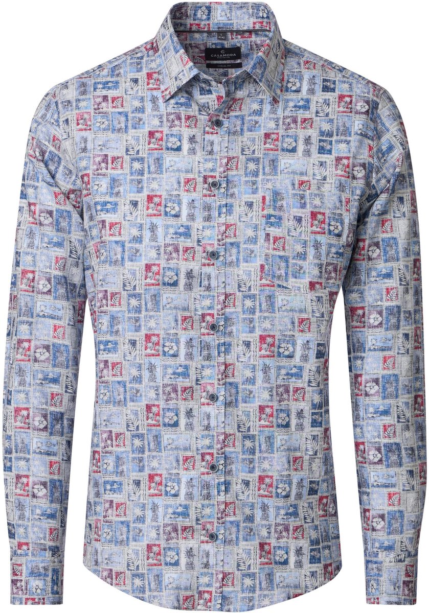 CASA MODA Sport casual fit overhemd - structuur - blauw met rood dessin