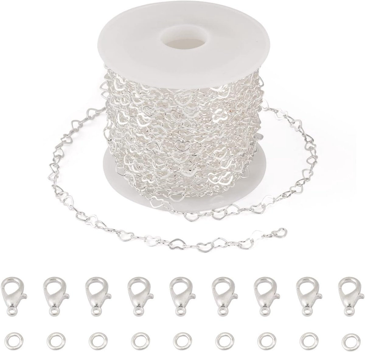 Zilveren hart schakels ketting 5m - met 30 jump rings en 20 kreeftsluitingen - voor het maken van sieraden - SnelShoppen