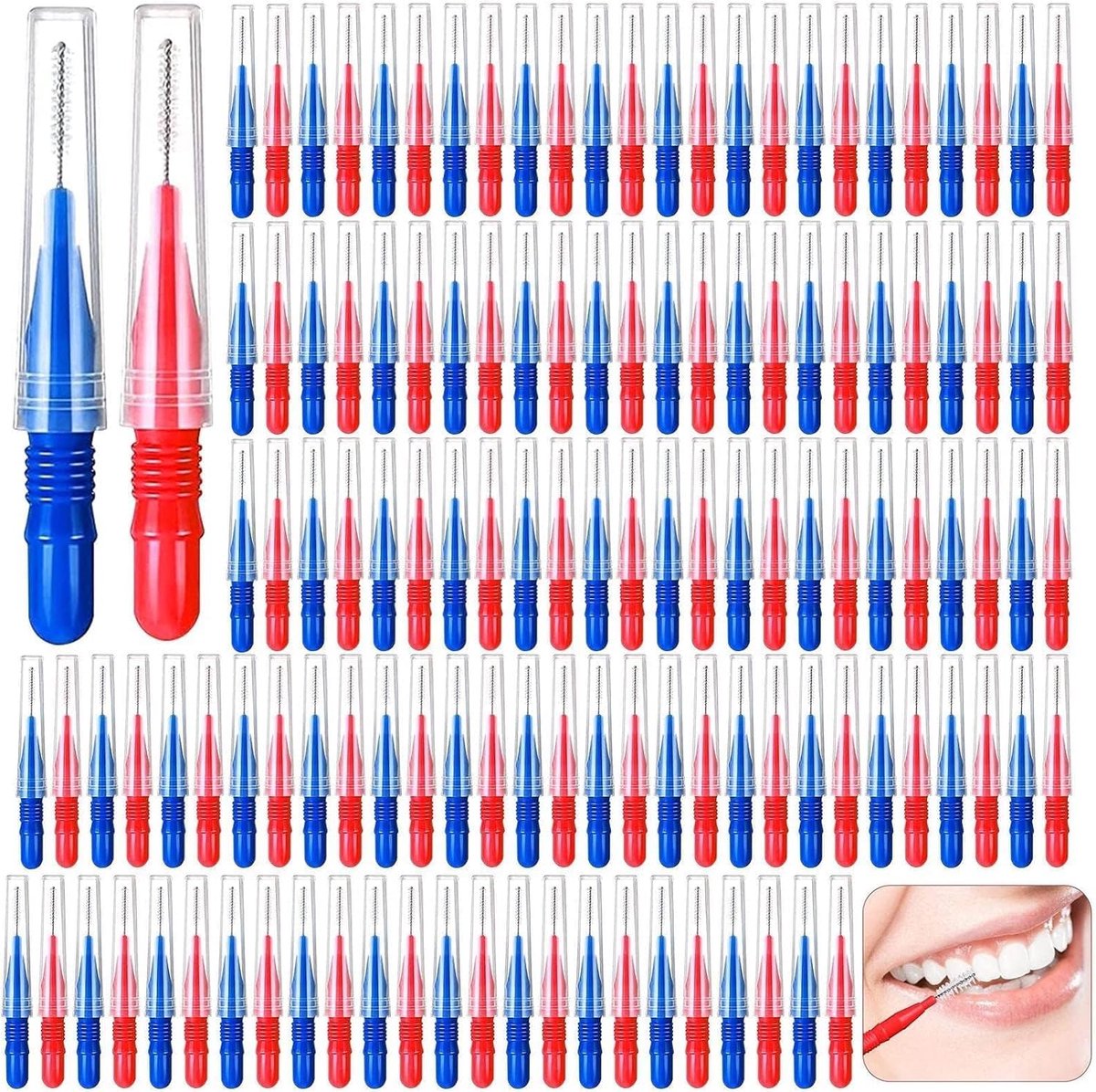 Interdentale borstels 100 stuks - herbruikbaar - rood en blauw - efficiënt reinigen - SnelShoppen