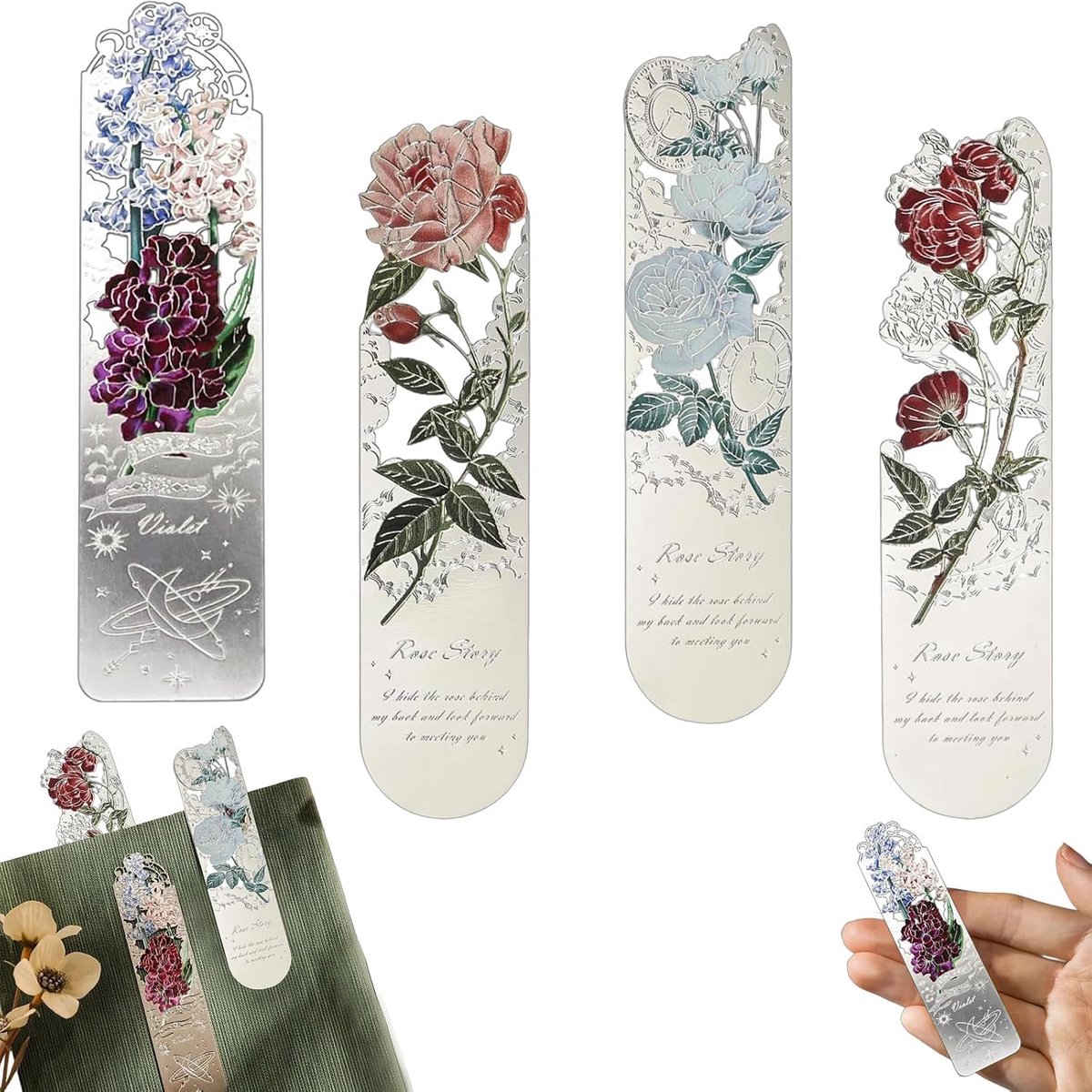 Bloemen boekmarkerset - 4 stuks kleurrige rozen en viooltjes - met inspirerende citaten - ideaal voor lezers - SnelShoppen