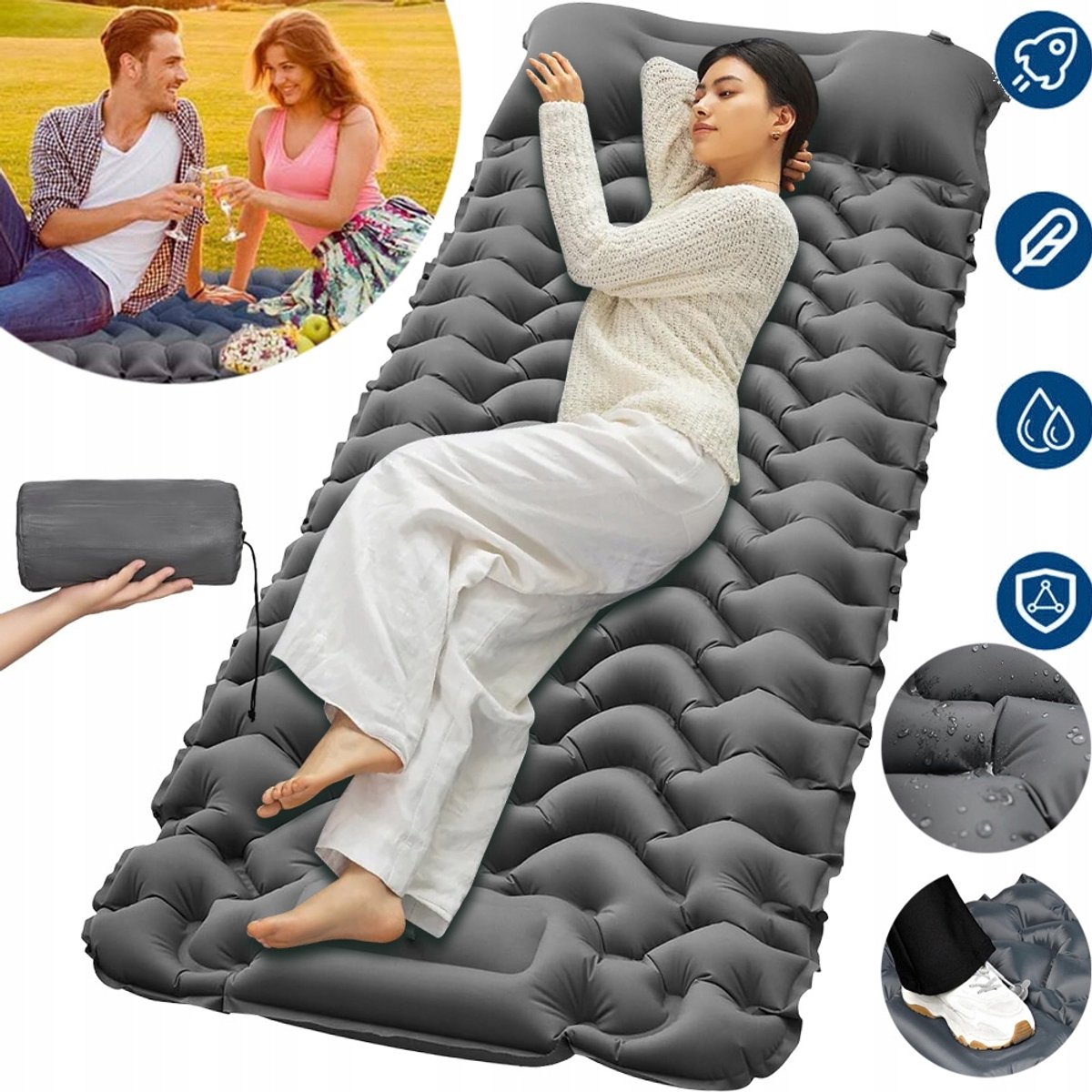 Zelfopblaasbaar kampeermatras met kussen - 193x68x8cm - Dik en comfortabel