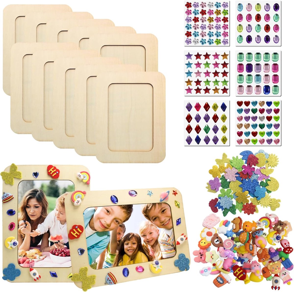 Houten fotolijsten set van 10 - met glitterstenen en 3D stickers - voor creatieve DIY projecten - SnelShoppen