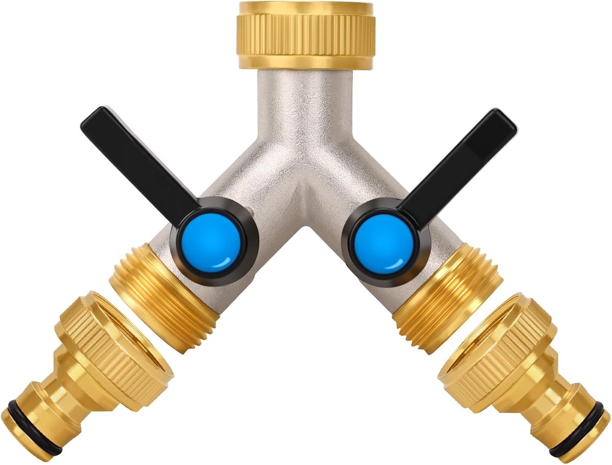 2-way Y verdeler met langere handgreep - 3/4 inch messing splitter - individuele afsluitkranen - SnelShoppen