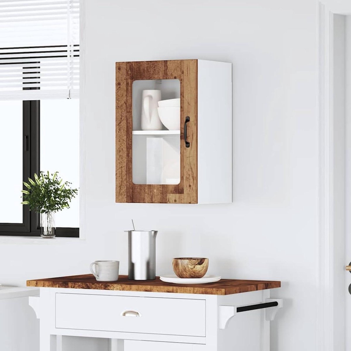 Keukenwandkast met glazen front - Wandkast keuken - Keuken opruimen - Ruimtebesparend design - 40x31x60 cm - Oud hout