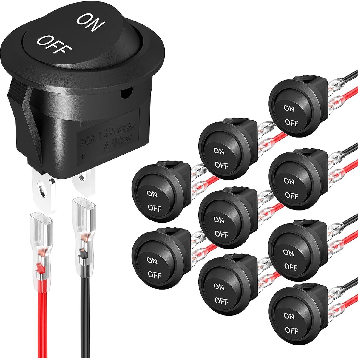 Tuimelschakelaar 10 stuks - rond, voorbekabeld - 12 V, 20 mm - ideaal voor camping en boot - ShopVlot