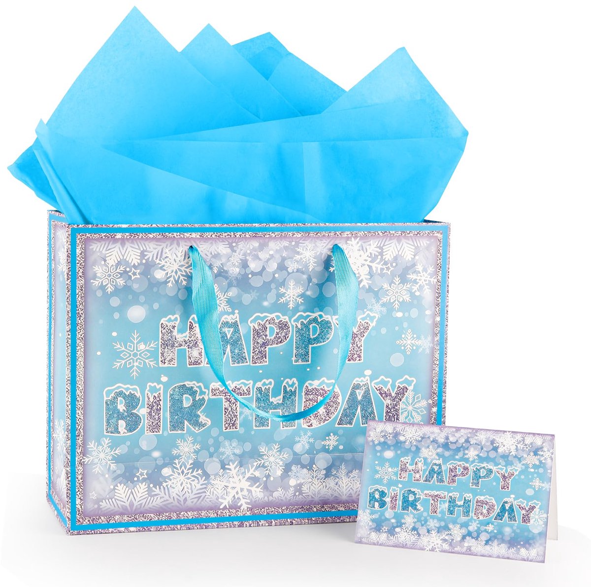 Verjaardagscadeau zakken - sneeuw design - met tissue papier, lint & wenskaarten - perfect voor kinderen - ShopVlot