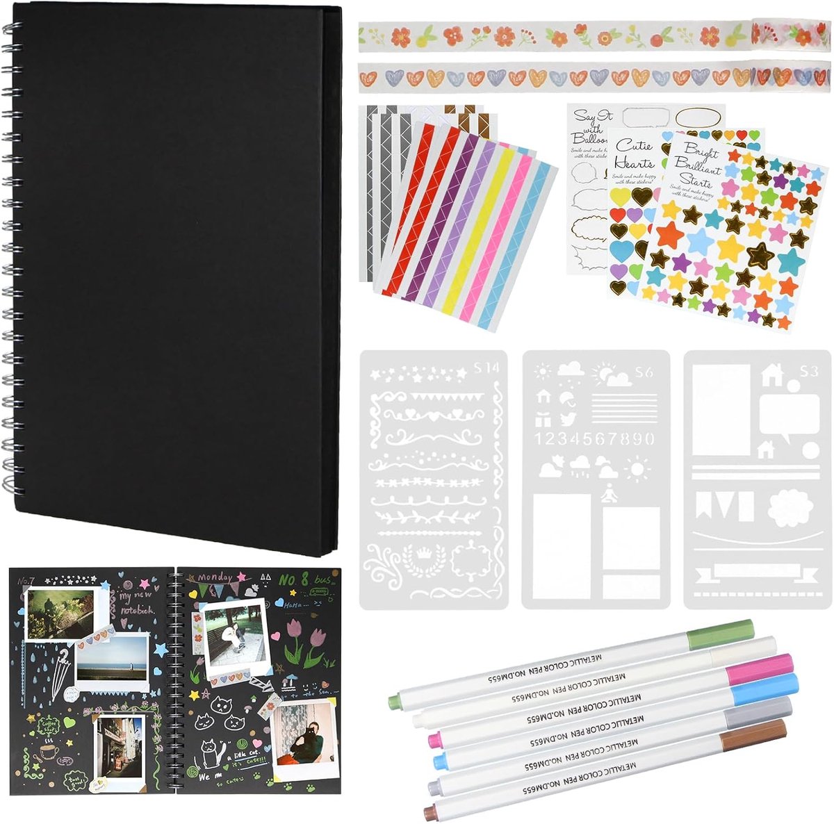 Fotoalbum 29x21cm - 100 Zwarte Pagina's - DIY Scrapbook met Stencils en Stickers - Persoonlijk Herinneringen Vastleggen - ShopVlot
